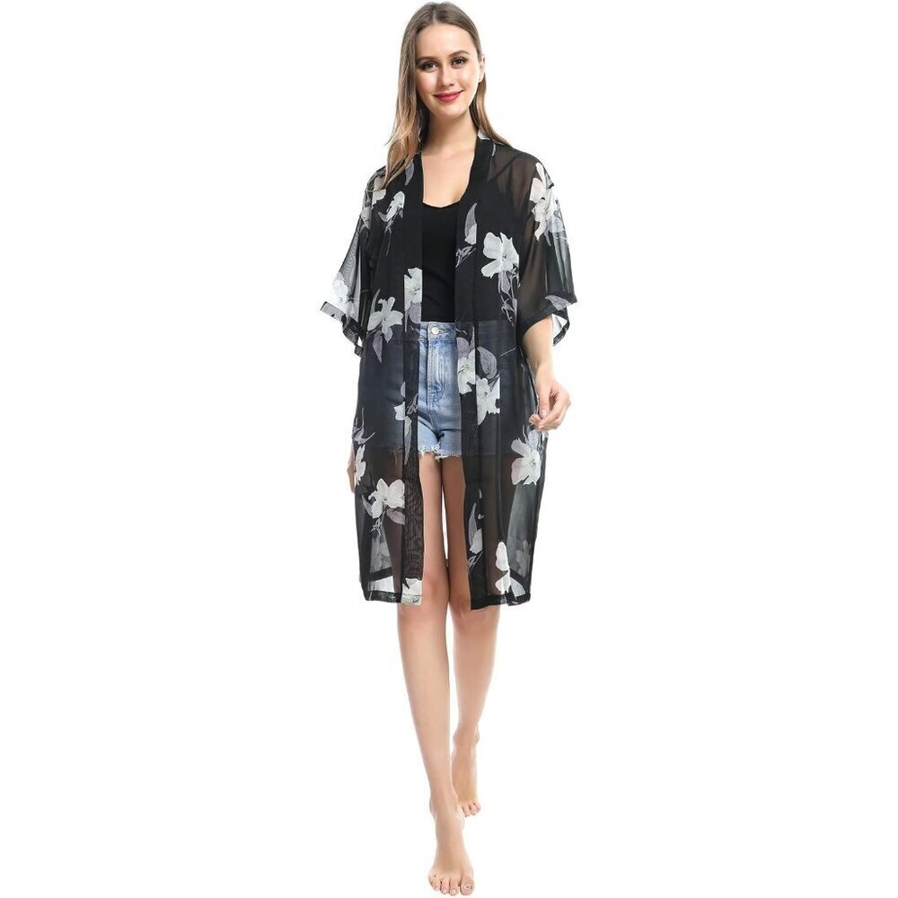 🆕Women White Chiffon Kimono Bathing Suit Cover Up Open Front Summer Dress - Picture 3 of 7
